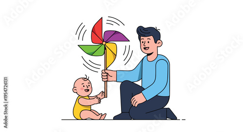 A man kneeling and holding a colorful pinwheel for a baby sitting on the ground in a simple, flat illustration with a white background.