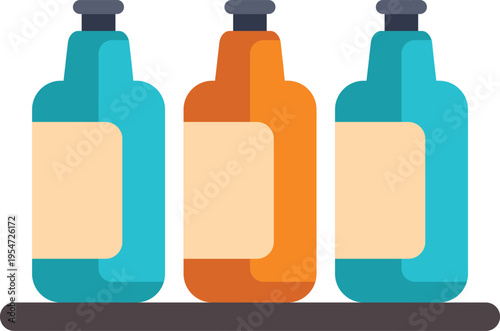 Three colorful bottles with blank labels sitting on a dark shelf, flat design illustration