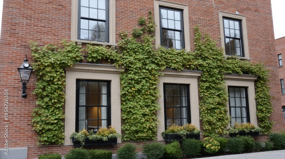 Fototapeta premium Vibrant green ivy climbing historic brick building urban setting architectural photography captivating viewpoint