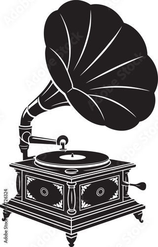 Antique gramophone record player silhouette with ornate wood carvings and large speaker horn art