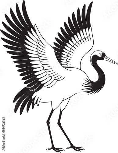 Black silhouette of crane bird with wings spread flying gracefully through air