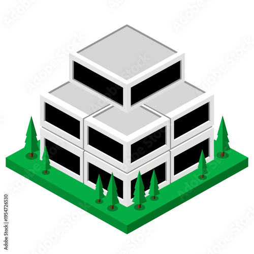 Isometric view of a modern, multi-story office building with a flat roof, surrounded by green trees and grass.