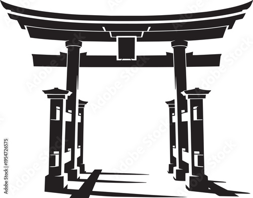 Japanese torii gate black silhouette with traditional pillars and arch on checkered background