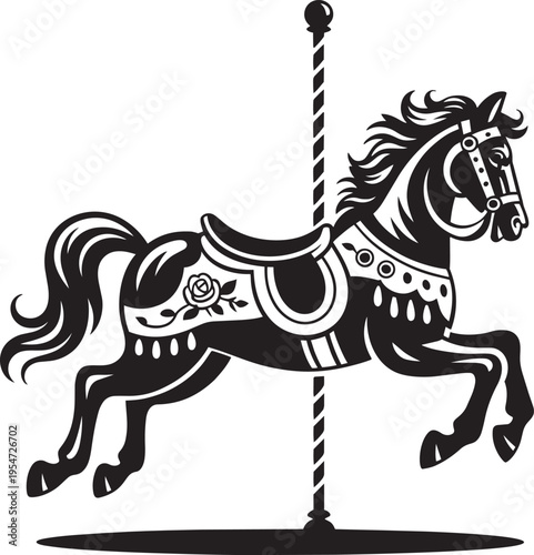 Vintage carousel horse silhouette with ornate floral saddle and spiral pole on transparent art