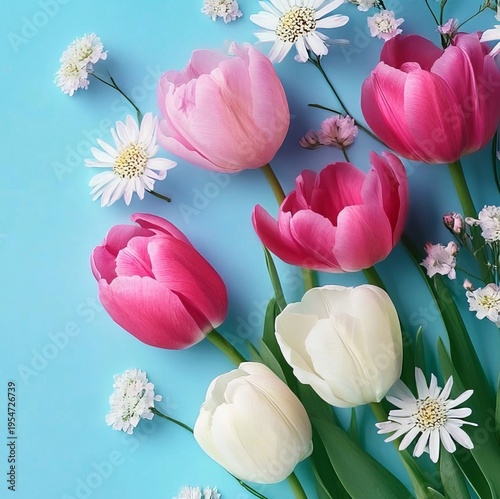 Charming Pastel Floral Collection Featuring Pink Tulips and White Daisies in a Vibrant Spring Scene