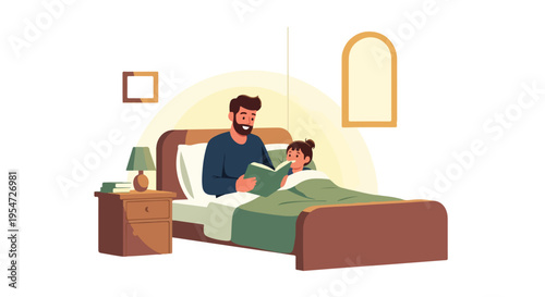 A man reads a book to a child in bed, with a nightstand and lamp beside them, in a cozy bedroom setting with warm tones.