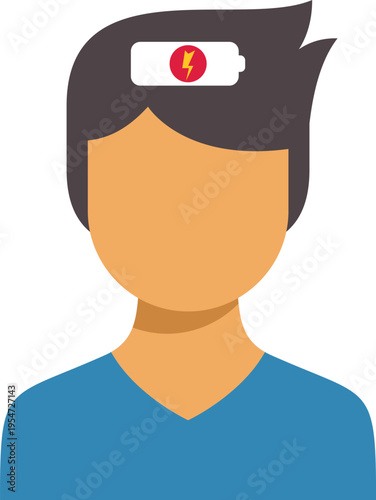 Person's head displaying a low battery icon, symbolizing fatigue and low energy