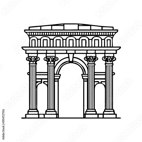 Architectural line drawing of a classical triumphal arch featuring grand columns and intricate stonework details in a historical monument style.