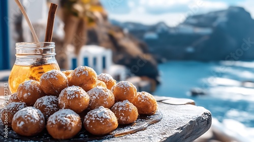 Freshly fried golden loukoumades donuts topped with powdered sugar and served alongside a small glass jar filled with sweet golden honey on a stone table