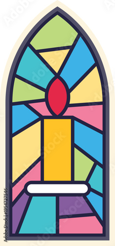 Stained glass window design featuring a lit candle, representing faith and spirituality