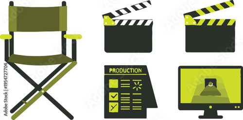 Set of 5 film production vector icons with director chair and clapperboard