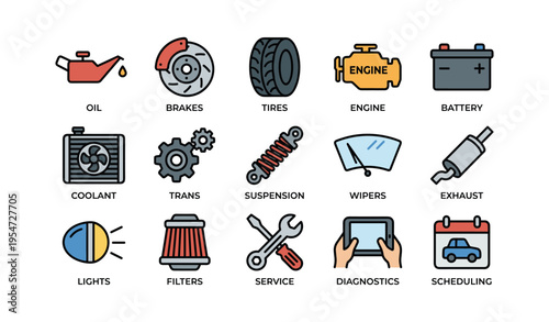Comprehensive auto maintenance icons for engine, tires, brakes, battery, and more