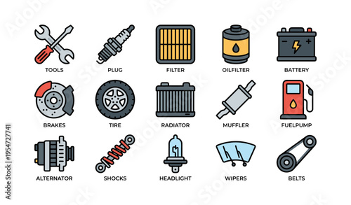 Set of car maintenance icons: tools, filter, battery, brakes, tire, alternator