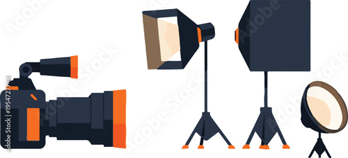 Professional Video Camera and Studio Lighting Equipment Vector Illustration
