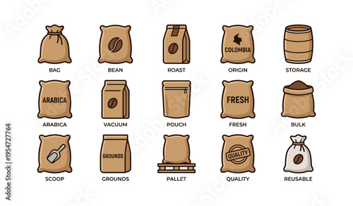 Coffee packaging icon set featuring various bag types and storage options