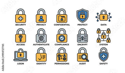 Security and privacy icons featuring locks for data protection and authentication