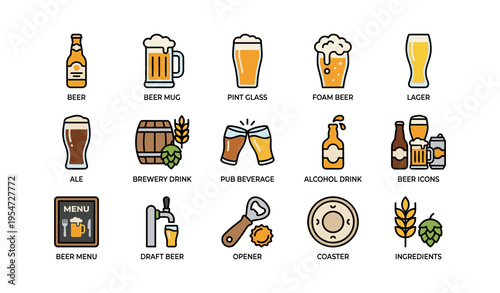 Beer icons collection: glasses, mugs, pints, foam, lager, ale, brewery, pub, draft, coaster