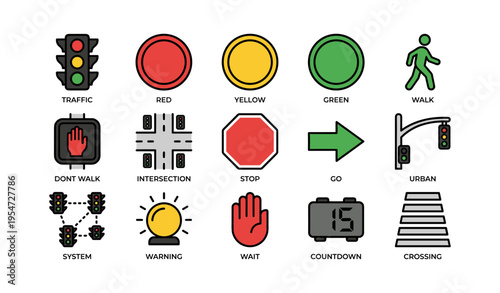 Traffic signal icons: walk, stop, go, warning, crossing, system, intersection