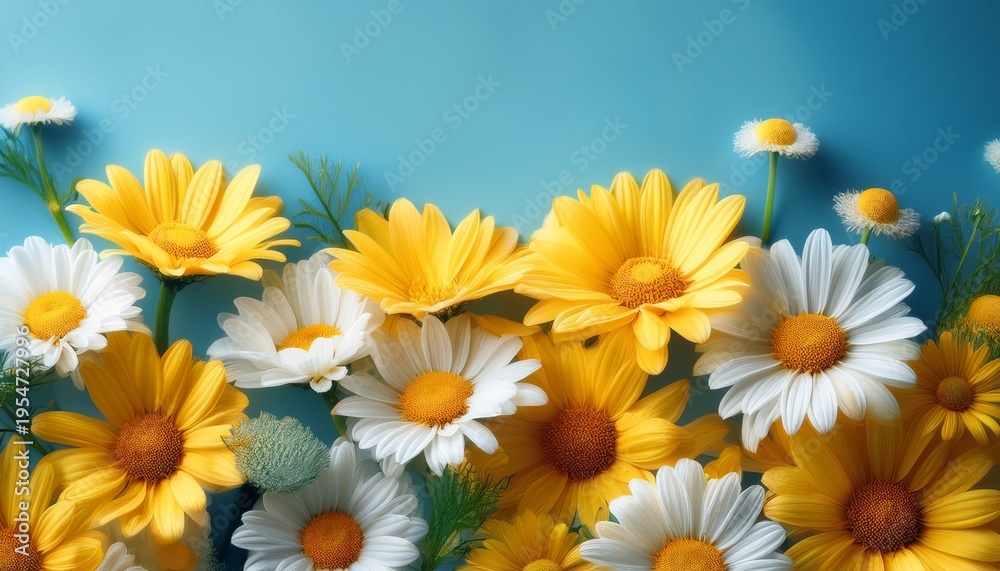 Obraz premium Vibrant Yellow And White Daisies Against A Soft Blue Background