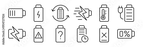 Power indicator and battery status line icons set. Collection includes battery levels, charging states, energy indicators, low power alerts, electricity, and device status symbols.