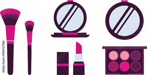 Set of 6 Pink and Purple Makeup Tools Vector Illustration