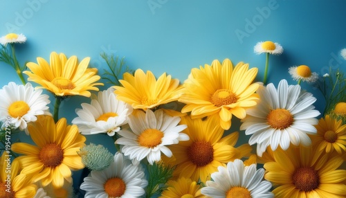 Vibrant Yellow And White Daisies Against A Soft Blue Background