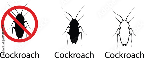 Cockroach vector set collection group with roach pest insect icons, exterminator infestation control symbol prohibition sign silhouette outline isolated editable design