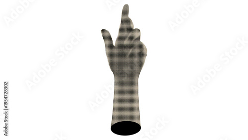 A stylized human hand figure rendered with a dotted halftone texture against a plain white background
