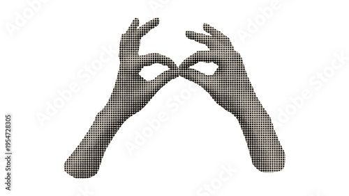 A pair of hands forming a circle shape against a plain white background with a dot matrix effect