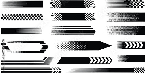 Black Vector Speed Lines and Racing Stripes Set with Checkered Flag Patterns for Automotive Graphic Design Sport Motion and Fast Movement Effects