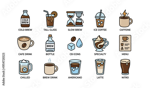 Assortment of cold brew coffee icons featuring various styles and preparations