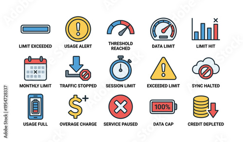 Data usage limits and alerts icons set indicating various restrictions and warnings