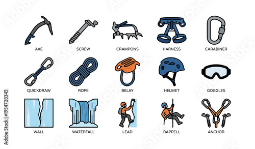 Climbing equipment icons: axe, screw, crampons, harness, carabiner, rope, helmet