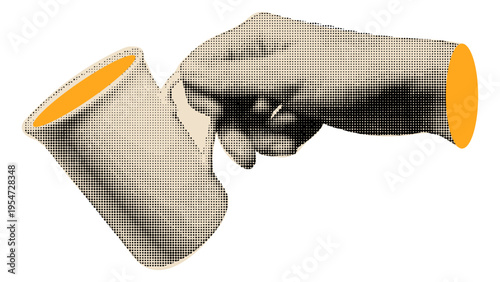 A vintage style illustration of a hand holding a coffee mug with a distinct halftone dot texture
