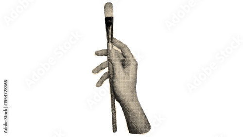 A vintage style illustration of a human hand holding a thin paintbrush against a plain background