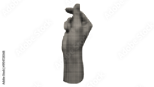 A minimalist graphic of a hand making a finger heart gesture rendered with a black dotted pattern