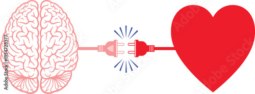 Conceptual Vector Illustration of a Brain and Heart Connecting with Electrical Plugs Representing Emotional Intelligence Logic versus Emotion and Mental Balance