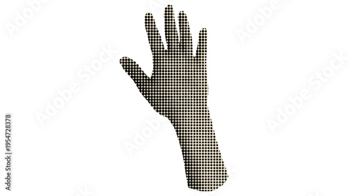 A minimalist graphic illustration of a human hand created using a halftone dot pattern effect