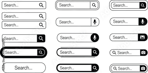 Vector Set of Search Bar UI Elements Featuring Magnifying Glass Voice Search and Camera Icons for Web Design User Interface and Apps