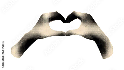 A minimalist graphic illustration of two hands forming a heart shape with a halftone dot pattern