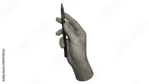 A high contrast halftone graphic illustration of a human hand holding a sleek black writing pen