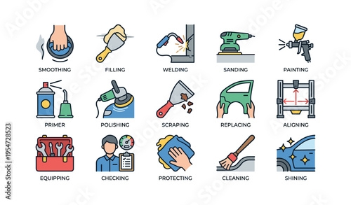 Automotive repair tools and techniques icons for car maintenance and restoration