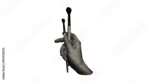 A halftone style graphic of a hand holding two drumsticks isolated against a plain white background