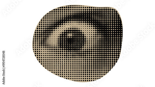 A stylized human eye graphic created using a minimalist halftone dot pattern on a white background