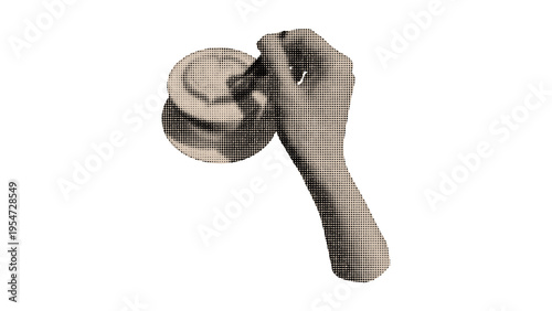 A vintage halftone illustration of a hand pressing down firmly on a circular desk rubber stamp