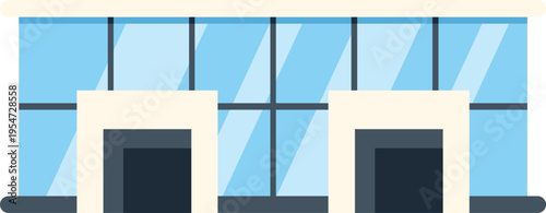 Modern mall building featuring a wide facade, glass windows, and two entrance doors in flat style