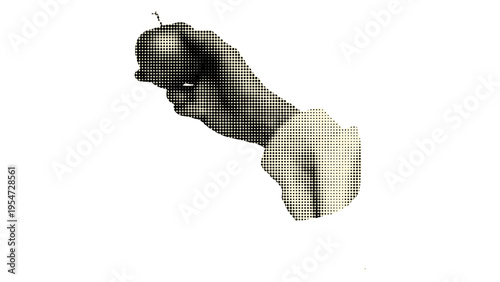 A stylistic monochrome illustration of a human hand holding a small round fruit against white