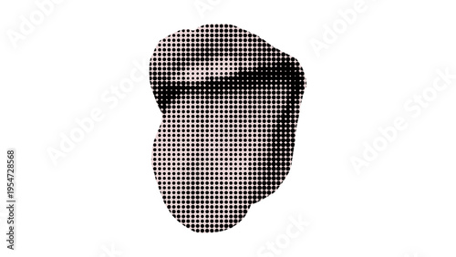 A minimalist halftone illustration of human lips set against a clean and solid white background