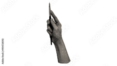 A close up view of a human hand holding a thin paintbrush against a stark and plain white background