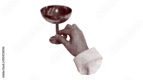 A vintage halftone illustration of a hand holding a champagne glass against a stark white background